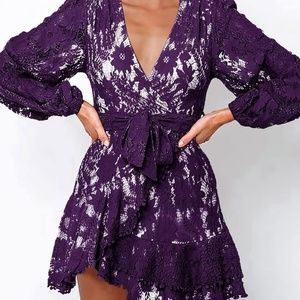 FARYSAYS Womens Lace Wrap Mini Dresses Floral V Neck Ruffle Short Dress